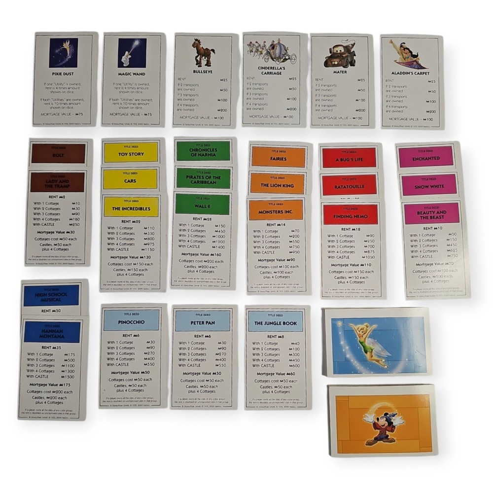 2009 Monopoly Disney Edition Replacement Parts Pieces  28‎ PROPERTY DEED CARDS+